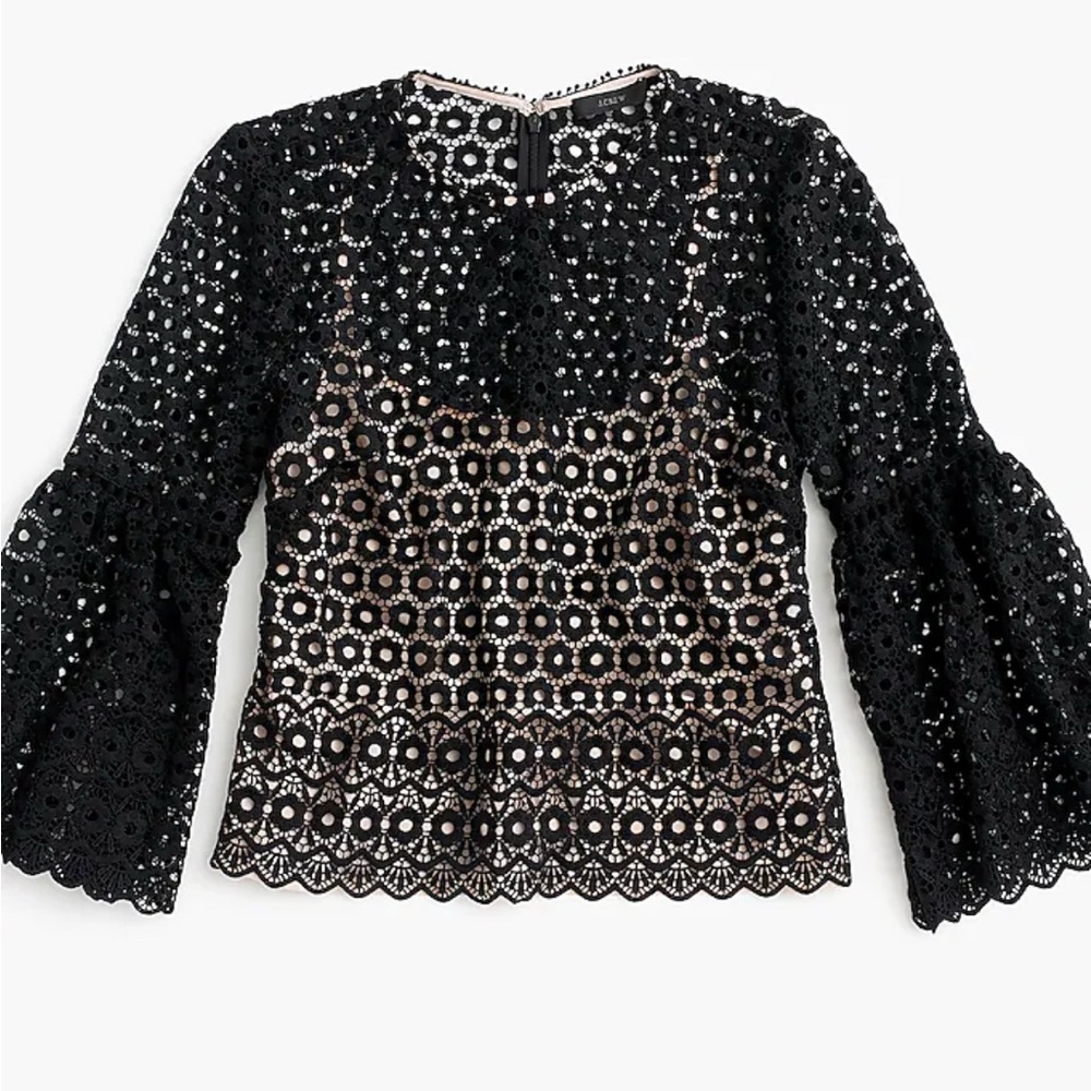 J. Crew Black Daisy Lace Blouse with Bell Sleeves